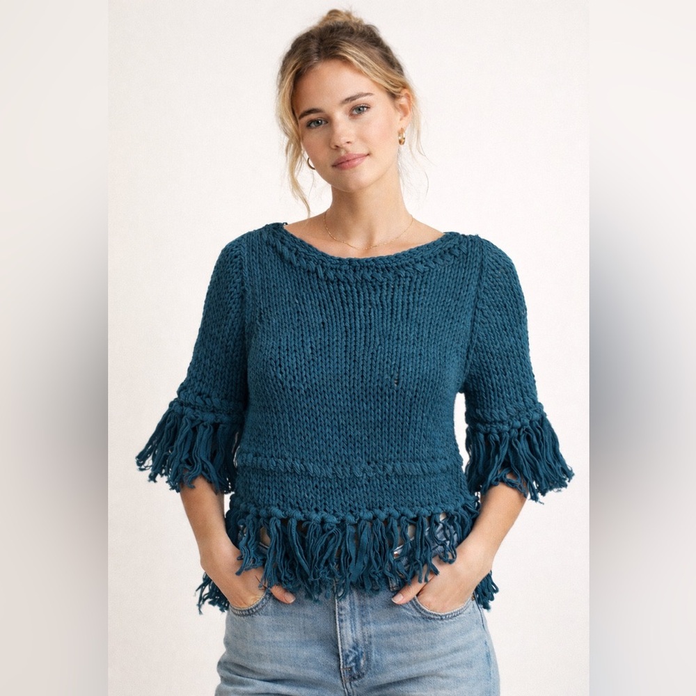 Free People Teal Fringe Pullover Sweater